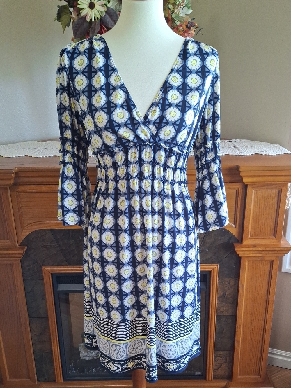 Max Edition Navy, White & Yellow Geometric Floral Dress With Bell Sleeves